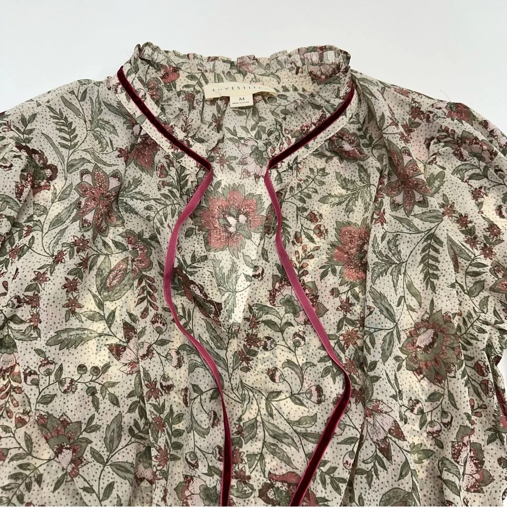 Lovestitch Floral Paisley Satin Smocked Ruffled Mock V Neck Dress Womens Size M